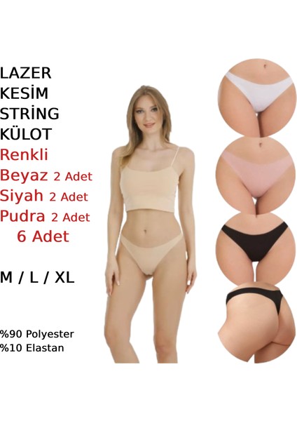 Kadın Lazer Kesim String Tanga Külot 6 Adet Beyaz Siyah Bej Pudra Renkli indirimleri