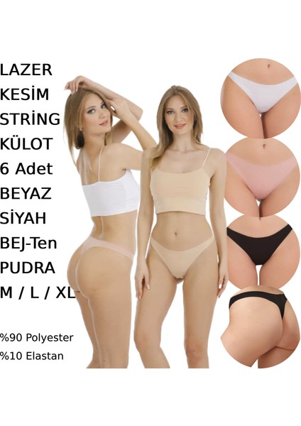 Kadın Lazer Kesim String Tanga Külot 6 Adet Beyaz Siyah Bej Pudra Renkli fiyatları