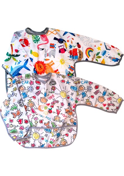 2'li Ekonomik Set, Jungle ve Family 6-24AY Uzun Kollu, Sıvı Geçirmeyen Bebek Önlük, Cepli ve Arkadan Cırtlı modelleri
