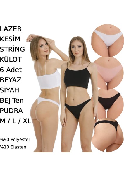 Kadın Lazer Kesim String Tanga Külot 6 Adet Beyaz Siyah Bej Pudra Renkli modelleri
