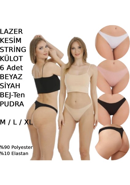 Kadın Lazer Kesim String Tanga Külot 6 Adet Beyaz Siyah Bej Pudra Renkli fırsatları