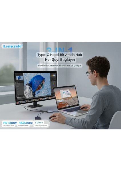 Type-C Girişli 3'ü 1'Arada HDMI 4K+Pd 100W+Usb 3.0 5Gbps.Çeviri Adaptör Ce Lisanslı Orjinal indirimleri