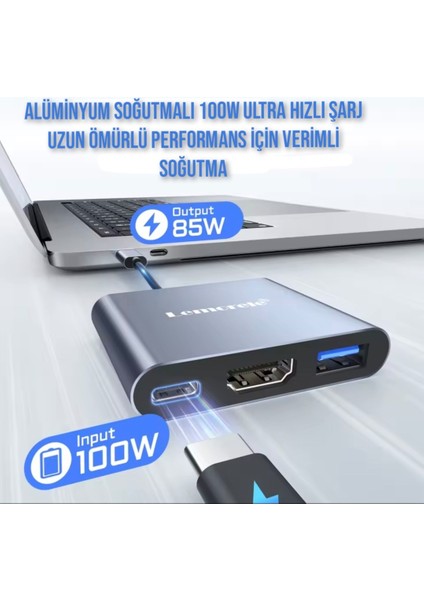 Type-C Girişli 3'ü 1'Arada HDMI 4K+Pd 100W+Usb 3.0 5Gbps.Çeviri Adaptör Ce Lisanslı Orjinal