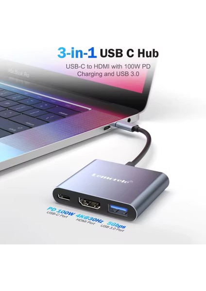 Type-C Girişli 3'ü 1'Arada HDMI 4K+Pd 100W+Usb 3.0 5Gbps.Çeviri Adaptör Ce Lisanslı Orjinal fiyatları