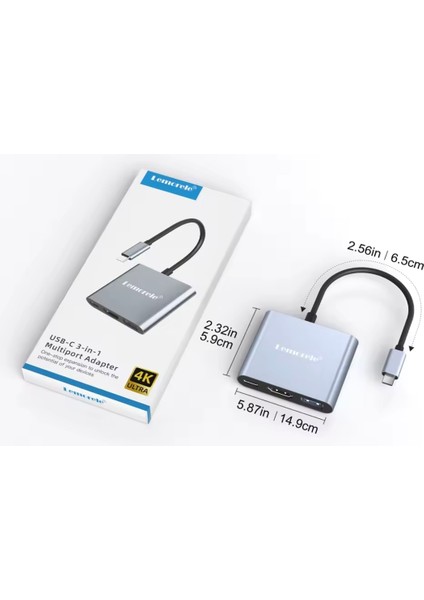 Type-C Girişli 3'ü 1'Arada HDMI 4K+Pd 100W+Usb 3.0 5Gbps.Çeviri Adaptör Ce Lisanslı Orjinal