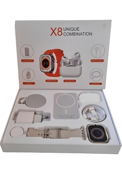 X8 6'lı Teknoloji Seti Akıllı Saat Bluetooth Kulaklık,powerbank, Kablosuz Şarj ve Şarj Adaptörü