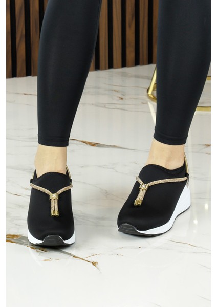 Ellie Altın Streç Zincirli Taşlı Tokalı Metal Detaylı Dolgu Topuklu Günlük Ayakkabı modelleri