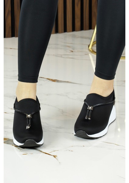 Ellie Siyah Streç Zincirli Taşlı Tokalı Metal Detaylı Dolgu Topuklu Günlük Ayakkabı modelleri