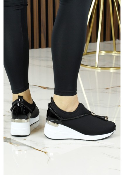 Ellie Siyah Streç Zincirli Taşlı Tokalı Metal Detaylı Dolgu Topuklu Günlük Ayakkabı indirimleri