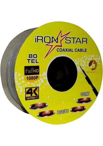 Ironstar 80 Tel Rg6-U4 Beyaz Uydu Anten Kablosu 100 Metre 1 Top Full Hd 3k 4K Görüntü