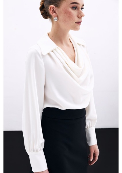 Degaje Yaka Incili Salaş Bluz - Ekru modelleri