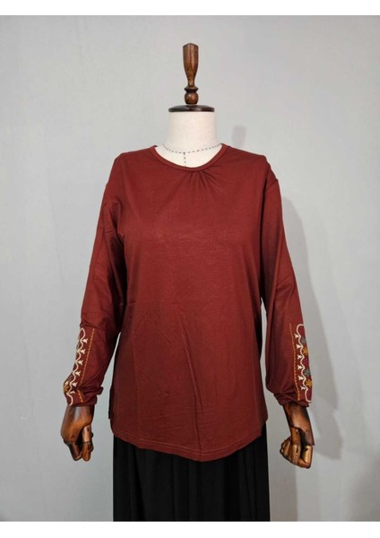 Kadın Likralı Orta Yaş ve Üzeri Dört Mevsim Anne Penye Bluz Yeni Sezon Kolu Işlemeli Turuncu - Xl