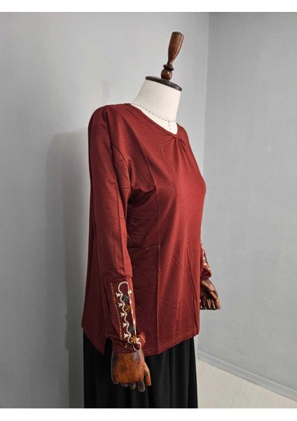 Kadın Likralı Orta Yaş ve Üzeri Dört Mevsim Anne Penye Bluz Yeni Sezon Kolu Işlemeli Turuncu - Xl fırsatları