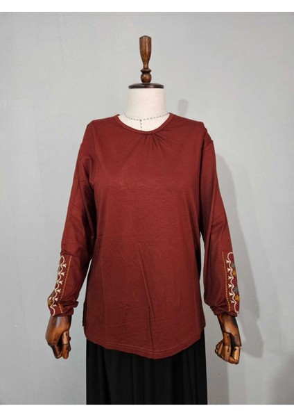 Kadın Likralı Orta Yaş ve Üzeri Dört Mevsim Anne Penye Bluz Yeni Sezon Kolu Işlemeli Turuncu - Xl