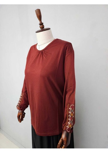 Kadın Likralı Orta Yaş ve Üzeri Dört Mevsim Anne Penye Bluz Yeni Sezon Kolu Işlemeli Turuncu - Xl