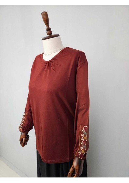 Kadın Likralı Orta Yaş ve Üzeri Dört Mevsim Anne Penye Bluz Yeni Sezon Kolu Işlemeli Turuncu - Xl