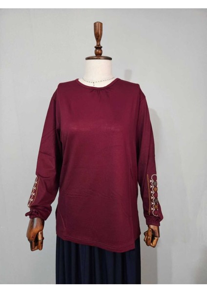 Kadın Likralı Orta Yaş ve Üzeri Dört Mevsim Anne Penye Bluz Yeni Sezon Kolu Işlemeli Bordo - Xl