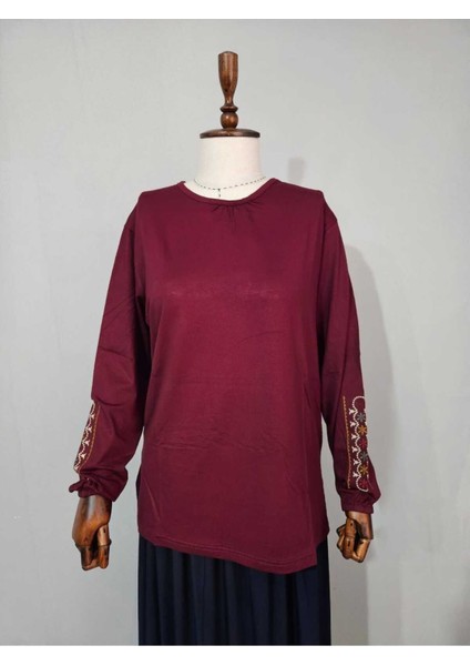 Kadın Likralı Orta Yaş ve Üzeri Dört Mevsim Anne Penye Bluz Yeni Sezon Kolu Işlemeli Bordo - Xl fiyatları