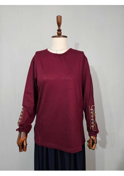 Kadın Likralı Orta Yaş ve Üzeri Dört Mevsim Anne Penye Bluz Yeni Sezon Kolu Işlemeli Bordo - Xl modelleri