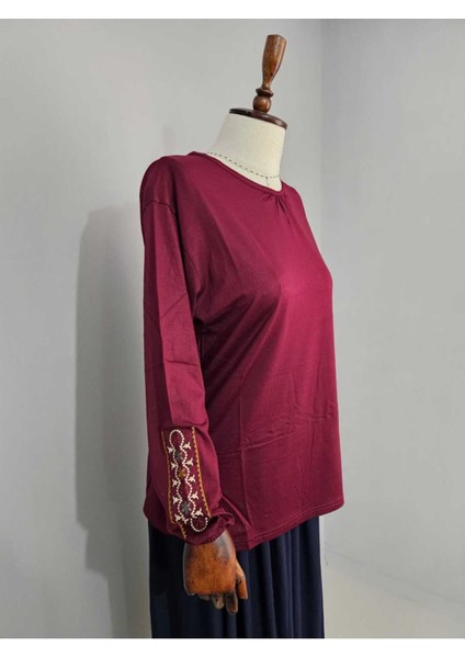 Kadın Likralı Orta Yaş ve Üzeri Dört Mevsim Anne Penye Bluz Yeni Sezon Kolu Işlemeli Bordo - Xl fırsatları