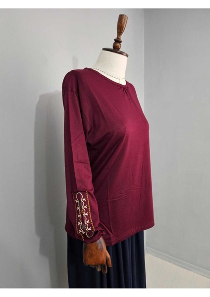 Kadın Likralı Orta Yaş ve Üzeri Dört Mevsim Anne Penye Bluz Yeni Sezon Kolu Işlemeli Bordo - Xl indirimleri