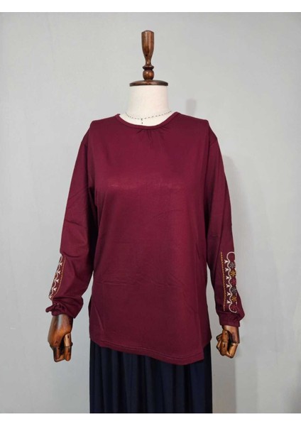 Kadın Likralı Orta Yaş ve Üzeri Dört Mevsim Anne Penye Bluz Yeni Sezon Kolu Işlemeli Bordo - Xl