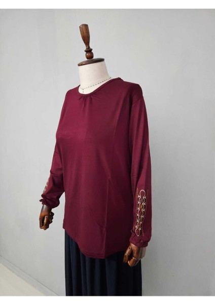 Kadın Likralı Orta Yaş ve Üzeri Dört Mevsim Anne Penye Bluz Yeni Sezon Kolu Işlemeli Bordo - Xl