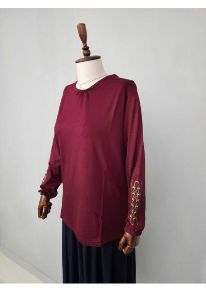Kadın Likralı Orta Yaş ve Üzeri Dört Mevsim Anne Penye Bluz Yeni Sezon Kolu Işlemeli Bordo - Xl