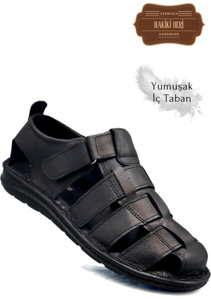 Hakiki Deri Burnu Kapalı Erkek Sandalet Siyah