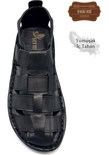 Hakiki Deri Burnu Kapalı Erkek Sandalet Siyah modelleri