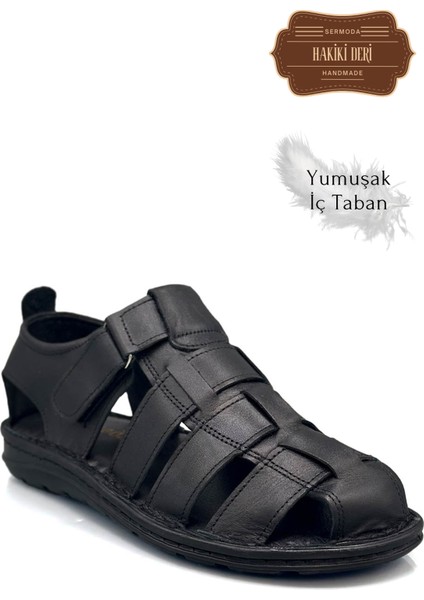 Hakiki Deri Burnu Kapalı Erkek Sandalet Siyah fırsatları