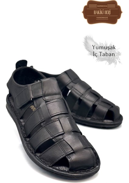 Hakiki Deri Burnu Kapalı Erkek Sandalet Siyah indirimleri