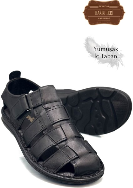 Hakiki Deri Burnu Kapalı Erkek Sandalet Siyah