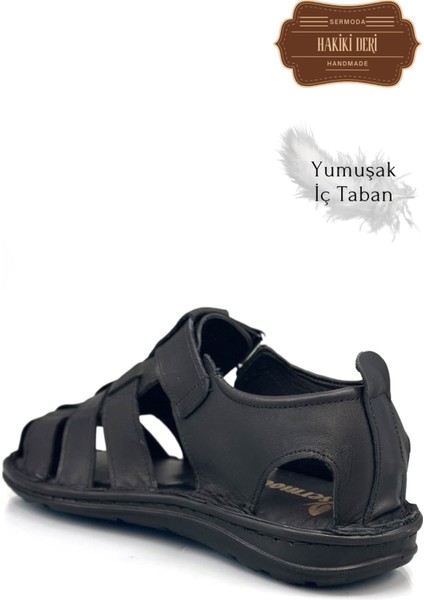 Hakiki Deri Burnu Kapalı Erkek Sandalet Siyah