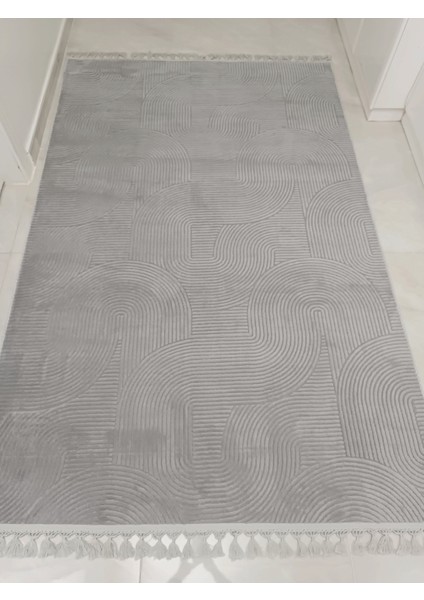 Püsküllü Halı Gri Renk Modern Tema Kaymaz Taban 10 mm Yıkanabilir Makine Halısı modelleri