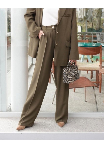 Haki Pileli Arkası Lastikli Palazzo Pantolon