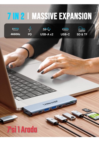 7'in 2'si Type-C Pd 100W+HDMI 4K+Usb+Sd/Tf Kart Hub Çoklayıcı Çoğaltıcı Adaptör Laptop Macbook Ce Lisanslı Orjinal