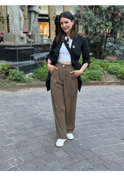 Haki Pileli Arkası Lastikli Palazzo Pantolon fiyatları