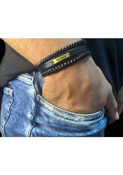 Altın Plakalı 14 Ayar Kerem Ismine Özel Siyah Derili Dikdörtgen Motifli Hediye BILEKLIK-530ISIM