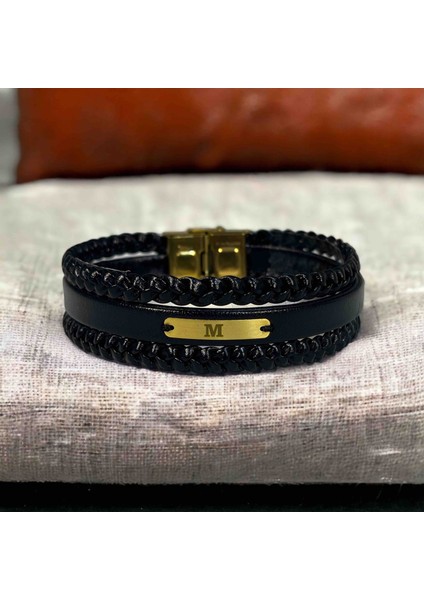 14 Ayar Plakalı Altın M Harfine Özel Hakiki Siyah Derili Dikdörtgen Motifli Hediye BILEKLIK-530HARF fiyatları
