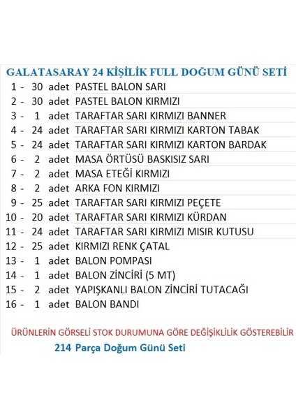 Taraftar Sarı Kırmızı 24 Kişilik Full Doğum Günü Seti fiyatları