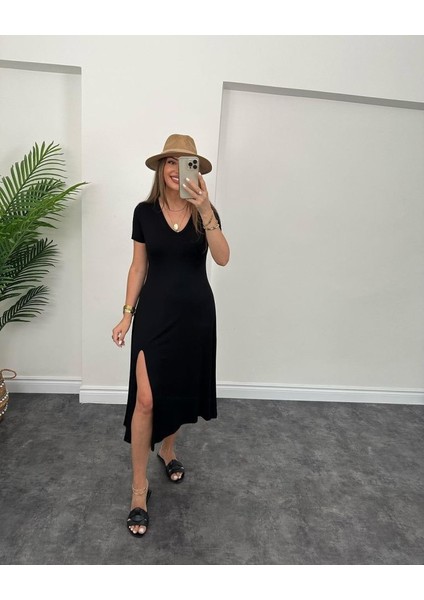 Kadın Kısa Kollu V Yaka Maxi Boy Elbise 124 cm