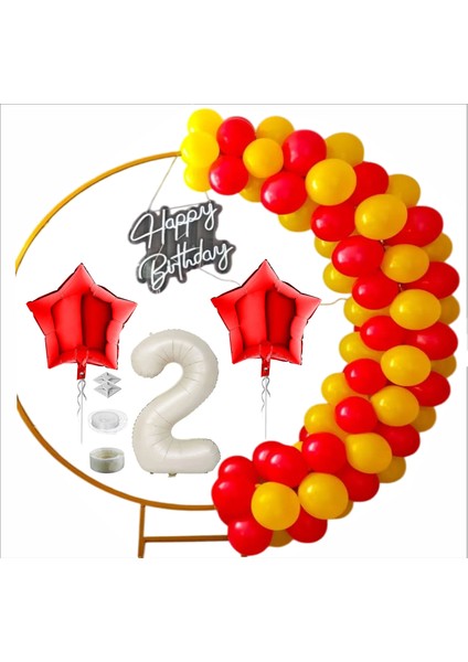 Taraftar Sarı, Kırmızı 60 Adet Balon 2 Adet Yıldız, 2 Yaş Krem Folyo Balon Seti