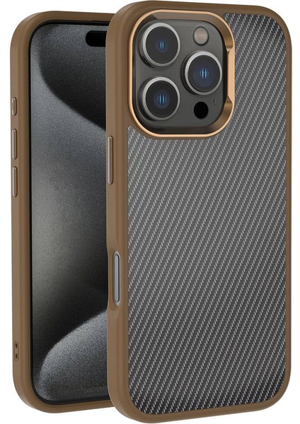 Apple iPhone 16 Pro Max Kılıf Karbon Fiber Görünümlü Parlak Kamera Çerçeveli Mbfx Venus Kapak-Rose B
