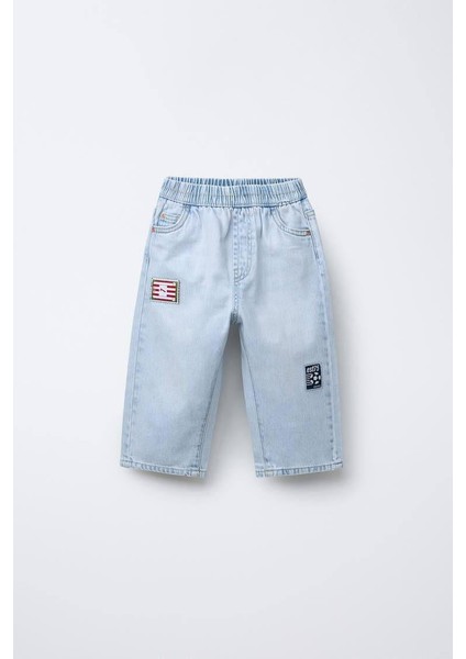 Erkek Çocuk Pamuklu Açık Mavi Nakış Detaylı Denim Oversize Pantolon - Lastikli Bel