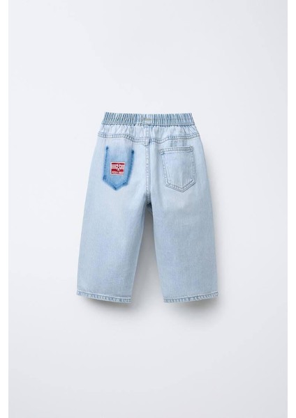 Erkek Çocuk Pamuklu Açık Mavi Nakış Detaylı Denim Oversize Pantolon - Lastikli Bel modelleri