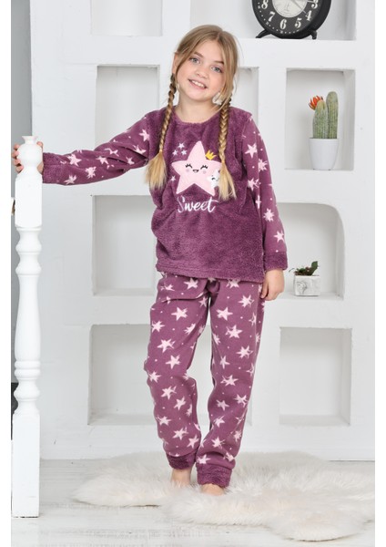 Yeni Sezon Sonbahar/kış Kız Çocuk Yıldız Desenli Polar Pijama Takımı 4100-MOR