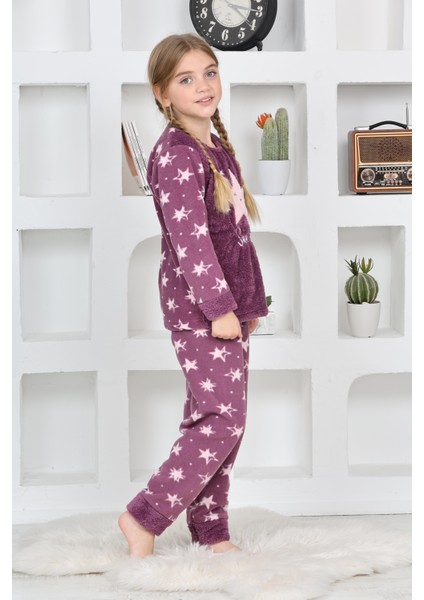 Yeni Sezon Sonbahar/kış Kız Çocuk Yıldız Desenli Polar Pijama Takımı 4100-MOR
