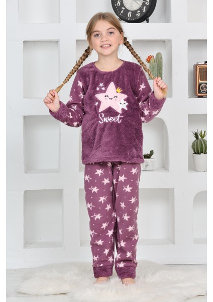 Yeni Sezon Sonbahar/kış Kız Çocuk Yıldız Desenli Polar Pijama Takımı 4100-MOR