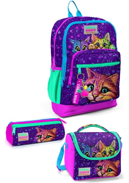Coral High Kids Mor Pembe Kedi Desenli 3’lü Okul Çanta Seti SET0123732